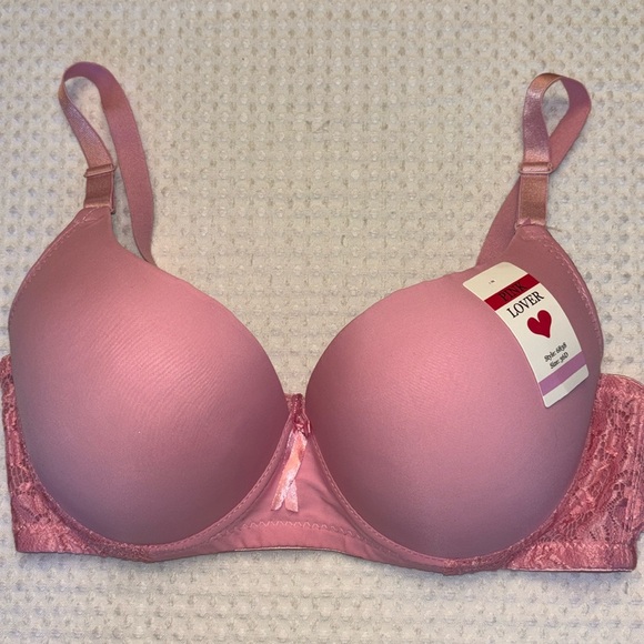 NEW! PINK LOVER 36D Padded Underwire Smooth T-Shirt Bra Lace Trim Pink - Picture 1 of 11